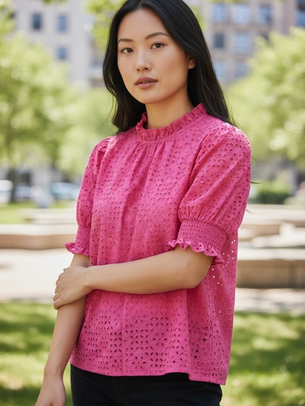 J. Crew NWT Smocked Ruffle Puff Sleeve Top Women's Pink Eyelet Lace Size Small